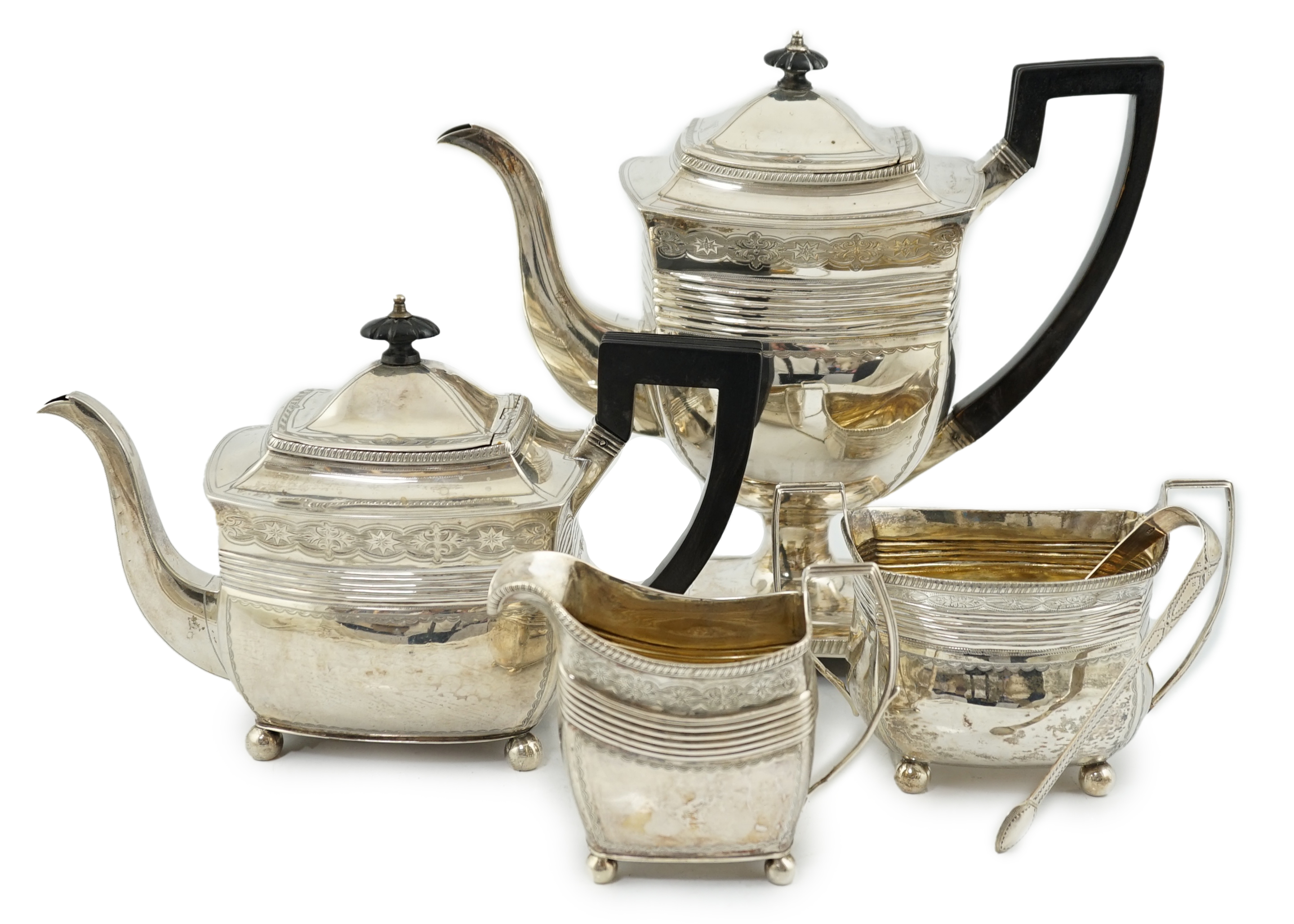 A George III engraved silver four piece tea and coffee service, by Peter & William Bateman